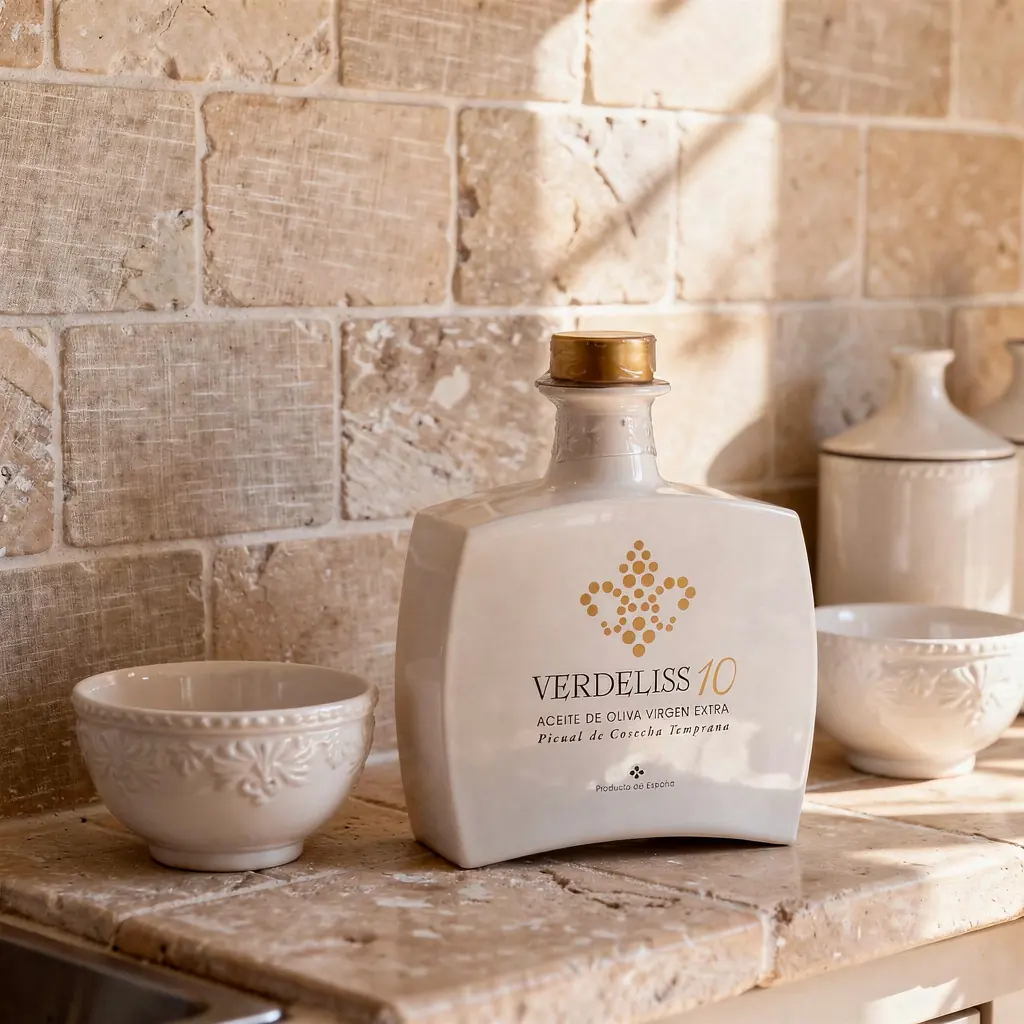 Botella de aceite Verdeliss 10 en una cocina mediterránea