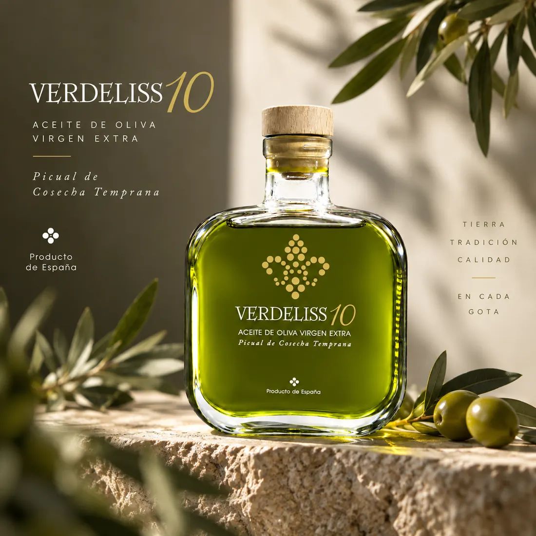 Botella de Verdeliss 10 sobre piedra, con ramas de olivo