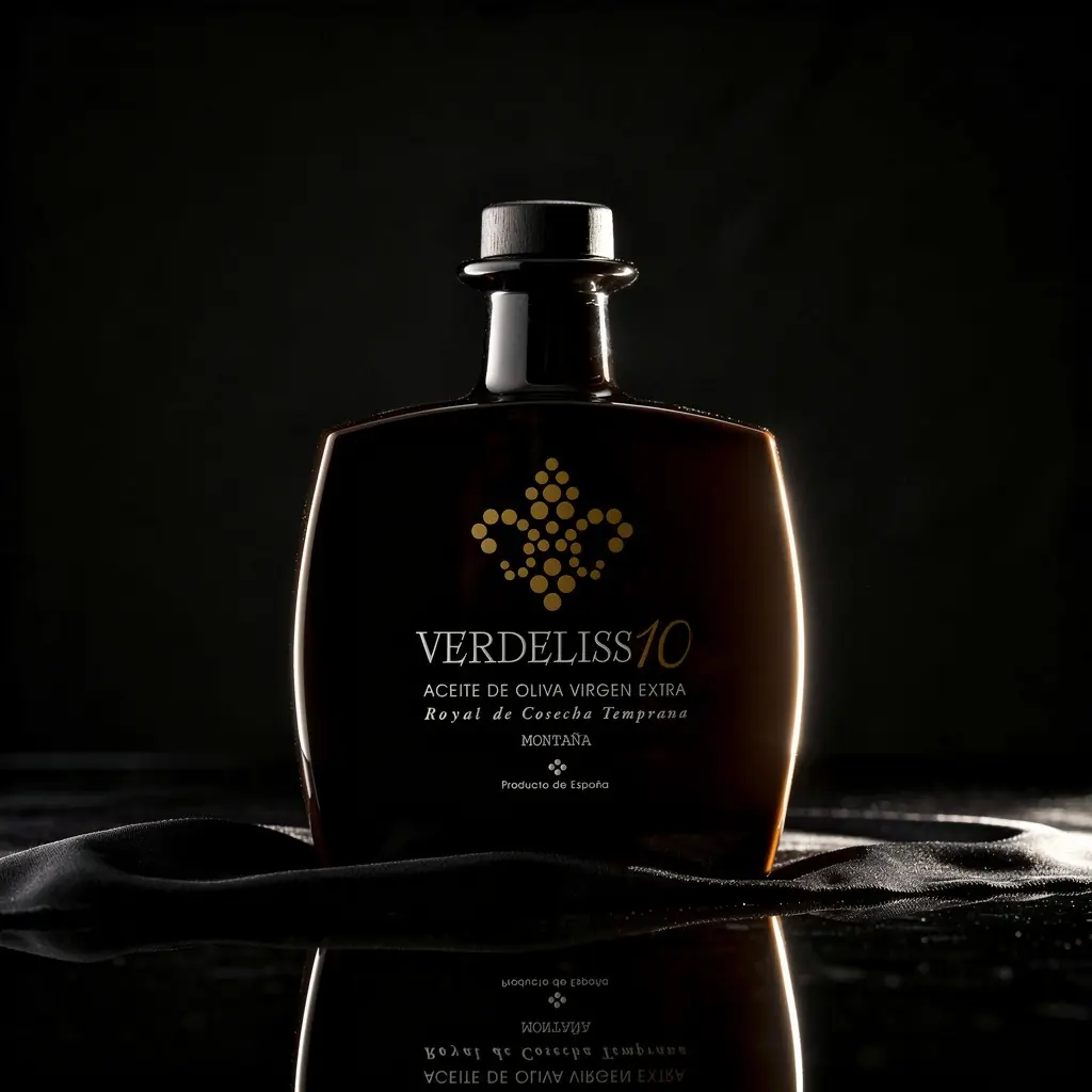 Botella Royal Black de Verdeliss sobre fondo oscuro